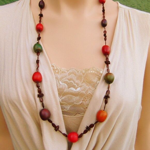 HANDMADE Boho - Apple Seeds & Multi-Colored Acorn Necklace - Picture 1 of 6